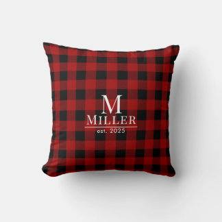 Rustic Red and Black Buffalo Check Monogram Name Cushion