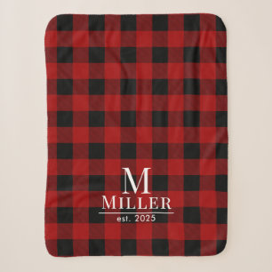 Rustic Red and Black Buffalo Check Monogram Name Sherpa Blanket