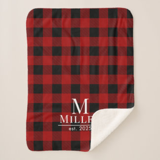 Rustic Red and Black Buffalo Check Monogram Name Sherpa Blanket