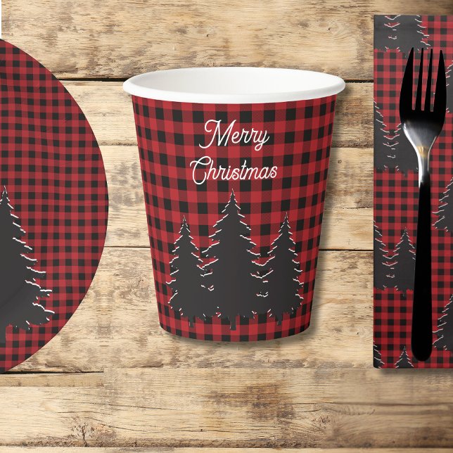 Rustic Red and Black Buffalo Plaid Christmas Trees Paper Cups (Creator Uploaded)
