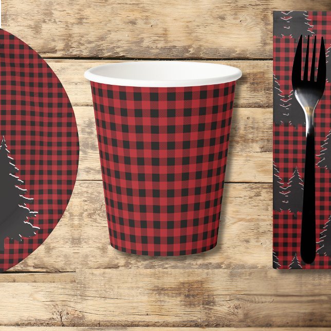 Rustic Red and Black Buffalo Plaid Christmas Trees Paper Cups (Creator Uploaded)