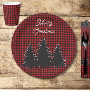 Rustic Red and Black Buffalo Plaid Christmas Trees Paper Plate