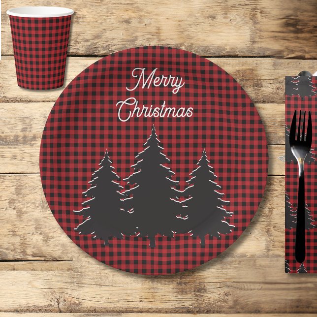 Rustic Red and Black Buffalo Plaid Christmas Trees Paper Plate (Creator Uploaded)