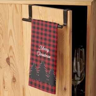 Rustic Red and Black Buffalo Plaid Christmas Trees Tea Towel