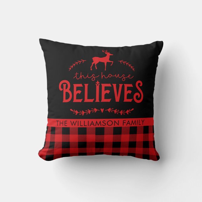 Rustic Red and Black  Buffalo Plaid Family Name  Cushion (Front)