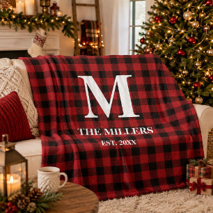 Rustic Red and Black Buffalo Plaid Monogram Fleece Blanket