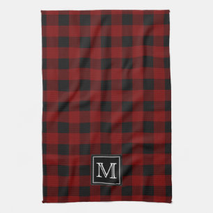 Rustic Red and Black Buffalo Plaid Monogram Tea Towel