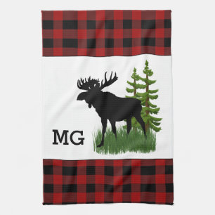Rustic Red and Black Buffalo Plaid Moose Tea Towel