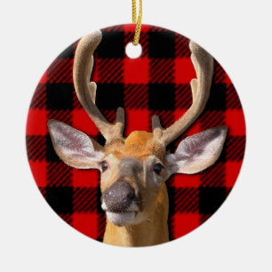 Rustic red and black plaid - Deer Ceramic Ornament