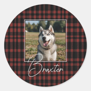 Rustic Red and Black Plaid Pattern Photo Classic Round Sticker