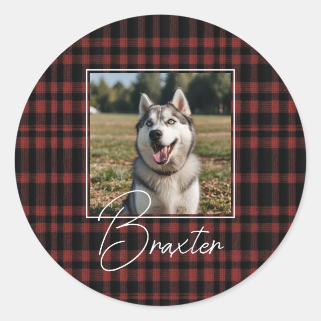 Rustic Red and Black Plaid Pattern Photo Classic Round Sticker (Front)
