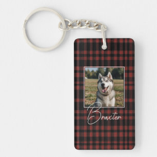 Rustic Red and Black Plaid Pattern Photo Key Ring