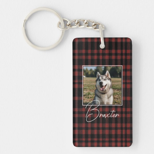 Rustic Red and Black Plaid Pattern Photo Key Ring (Front)