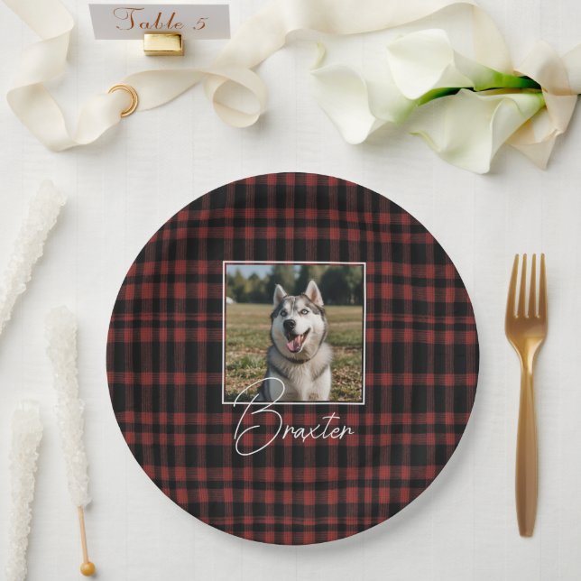 Rustic Red and Black Plaid Pattern Photo Paper Plate (Wedding)