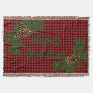 Rustic red and black plaid pine cone throw blanket