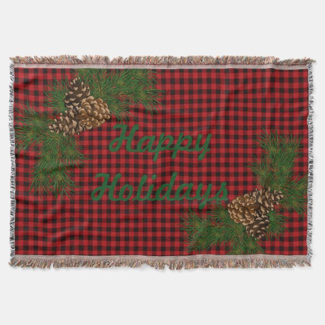Rustic red and black plaid pine cone throw blanket (Front)