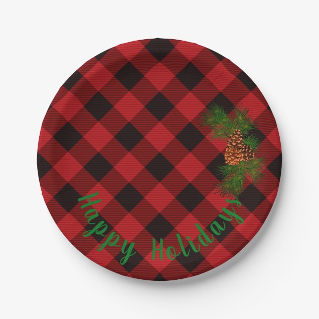 Rustic Red and Black plaid - pine cones Paper Plate (Front)