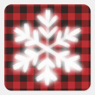 Rustic red and black plaid, winter snow flake    square sticker