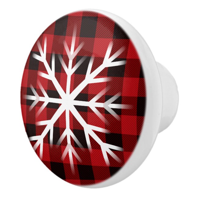 Rustic red and black plaid with snowflake ceramic knob (Right)