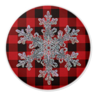 Rustic red and black plaid with snowflake ceramic knob