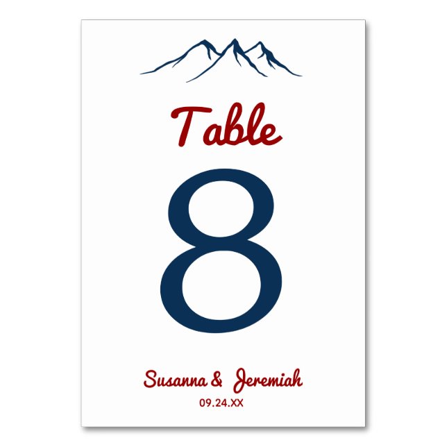 Rustic Red and Blue Mountain Wedding Reception Table Number (Front)