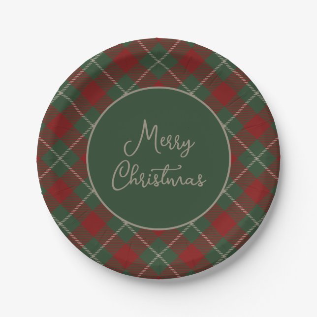 Rustic Red and Green Tartan Plaid Christmas Paper Plate (Front)