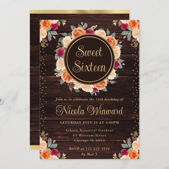 Rustic Red and Orange Fall Flowers Wreath Sweet 16 Invitation (Front/Back)