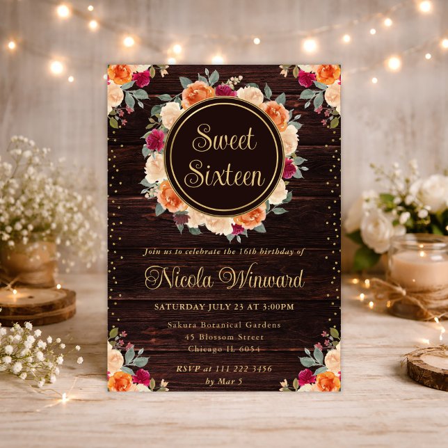 Rustic Red and Orange Fall Flowers Wreath Sweet 16 Invitation (Creator Uploaded)