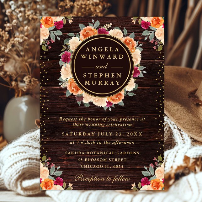 Rustic Red and Orange Fall Flowers Wreath Wedding Invitation (Creator Uploaded)