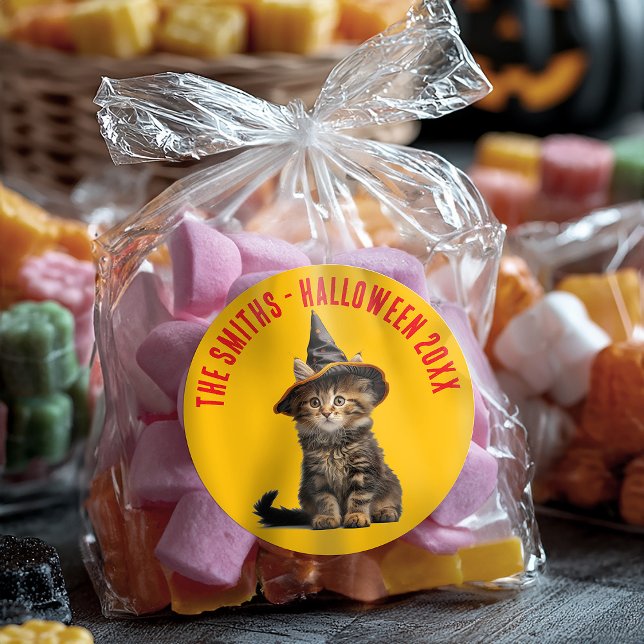 Rustic Red And Orange Kitten Witch Halloween Classic Round Sticker (Creator Uploaded)