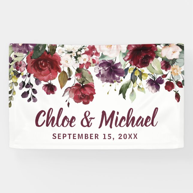 Rustic Red and Pink Floral Personalised Wedding Banner (Horizontal)