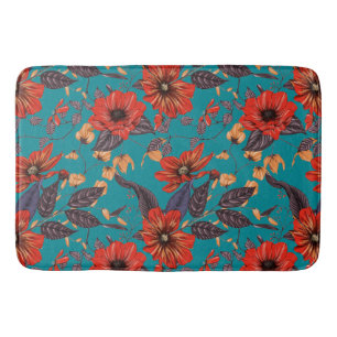 Rustic Red and Teal Floral Pattern Bath Mat