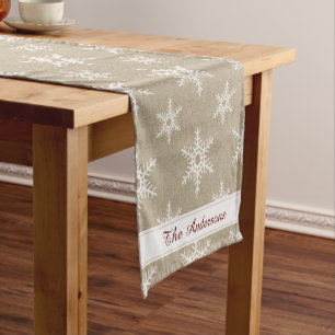 Rustic Red and White Faux Burlap Snowflake Pattern Short Table Runner