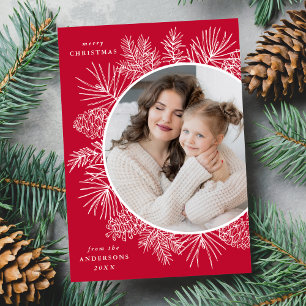 Rustic Red and White Pinecones Photo Holiday Card