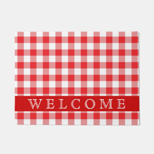 Rustic Red And White Plaid Welcome Doormat