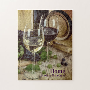 Rustic Red and White Wine Glasses Grapes Barrel Jigsaw Puzzle