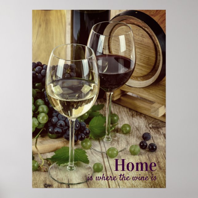 Rustic Red and White Wine Glasses Grapes Barrel Poster (Front)