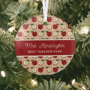 Rustic Red Apple Pattern Teacher Appreciation Glass Tree Decoration