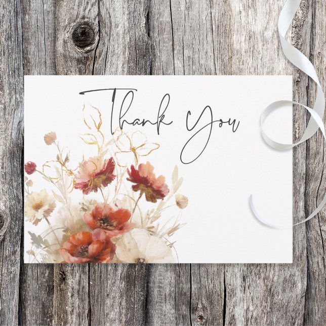 Rustic Red & Barley Watercolor Wildflowers Thank You Card (Creator Uploaded)