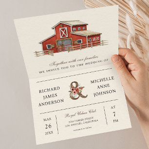 Rustic Red Barn Country Farm QR Code Wedding Invitation