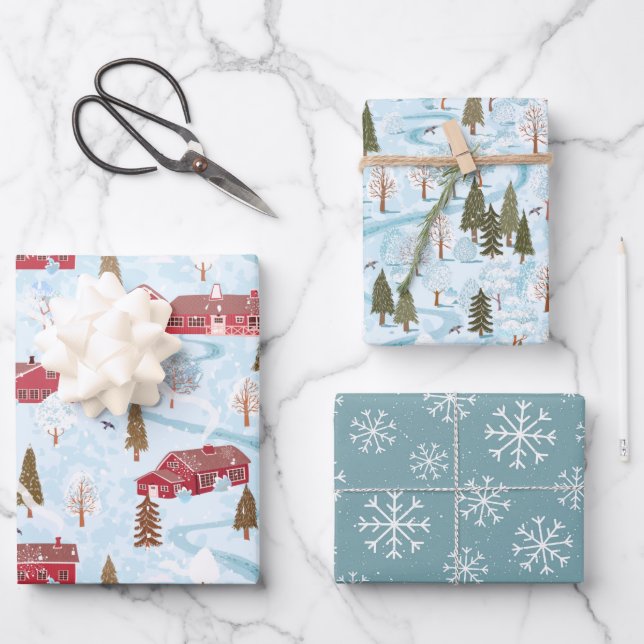 Rustic Red Barn Country Winter Christmas Wrapping Paper Sheet (Front)