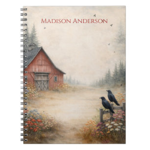 Rustic Red Barn, Crows, Farm Scene Notebook