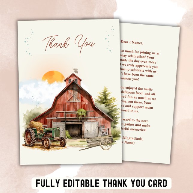 Rustic Red Barn Farm Birthday Tractor Party   Thank You Card (Creator Uploaded)