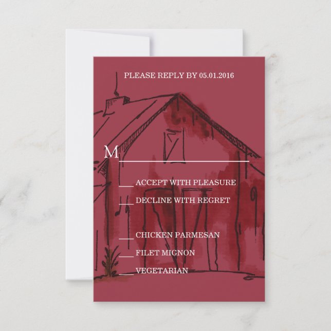 Rustic Red Barn Wedding RSVP Reply Card (Front)
