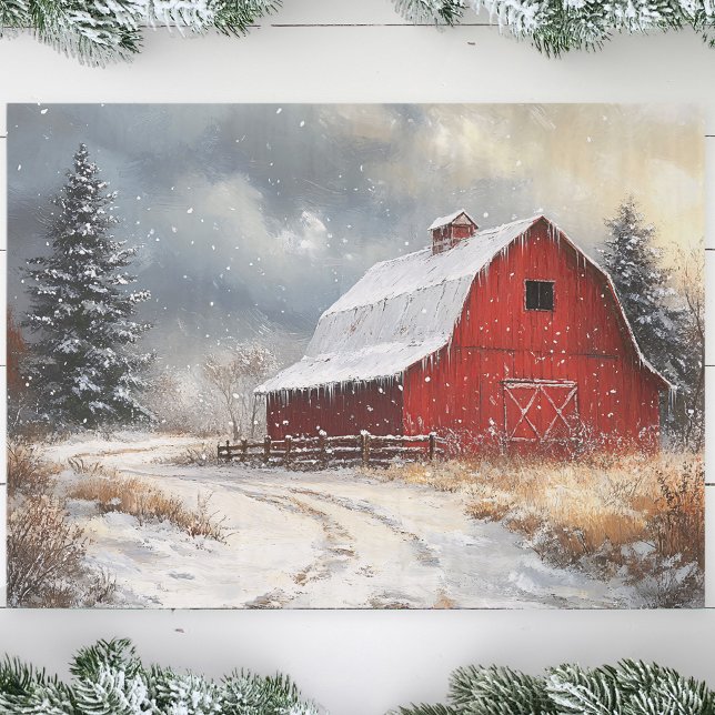 Rustic Red Barn Winter Scenic Art Decoupage Tissue Paper (Creator Uploaded)