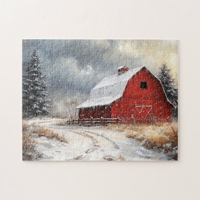 Rustic Red Barn Winter Scenic Art Jigsaw Puzzle (Horizontal)