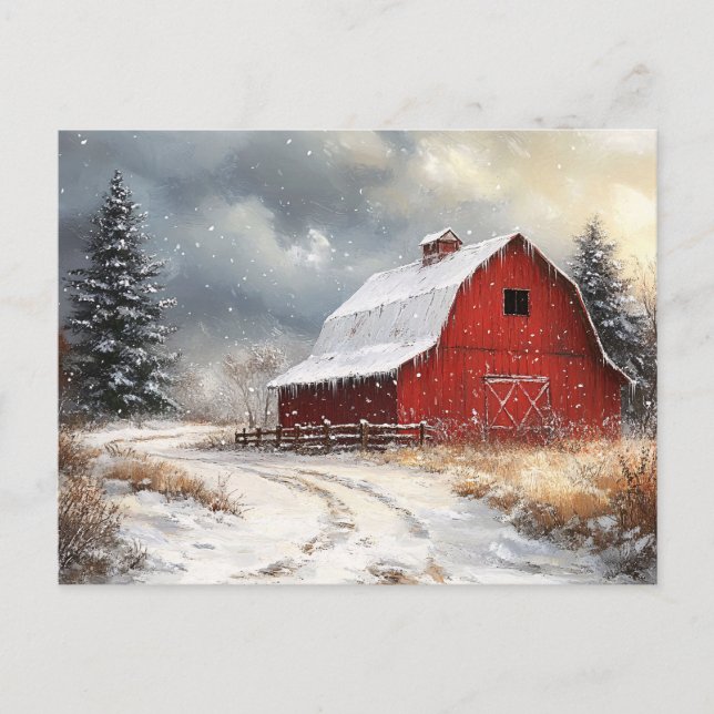 Rustic Red Barn Winter Scenic Art Postcard (Front)