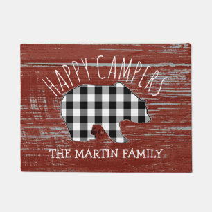 Rustic Red Barn Wood Monogram Bear Happy Campers Doormat