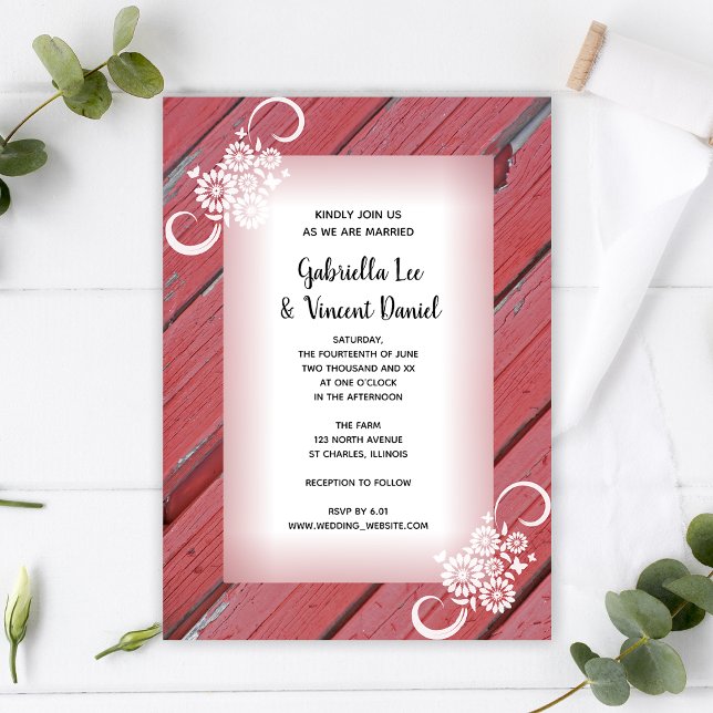 Rustic Red Barn Wood White Flowers Country Wedding Invitation (Creator Uploaded)