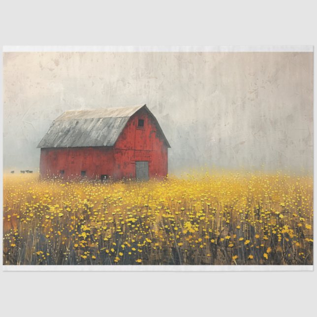 Rustic Red Barn Yellow Flowers Painting Decoupage Tissue Paper (Front)